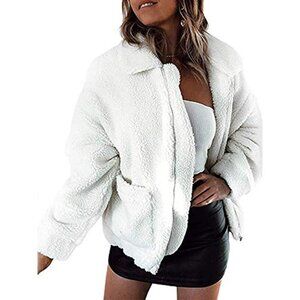 👑Women's Classic White Casual Fleece Zipper Oversized Outwear Coat Warm Jacket